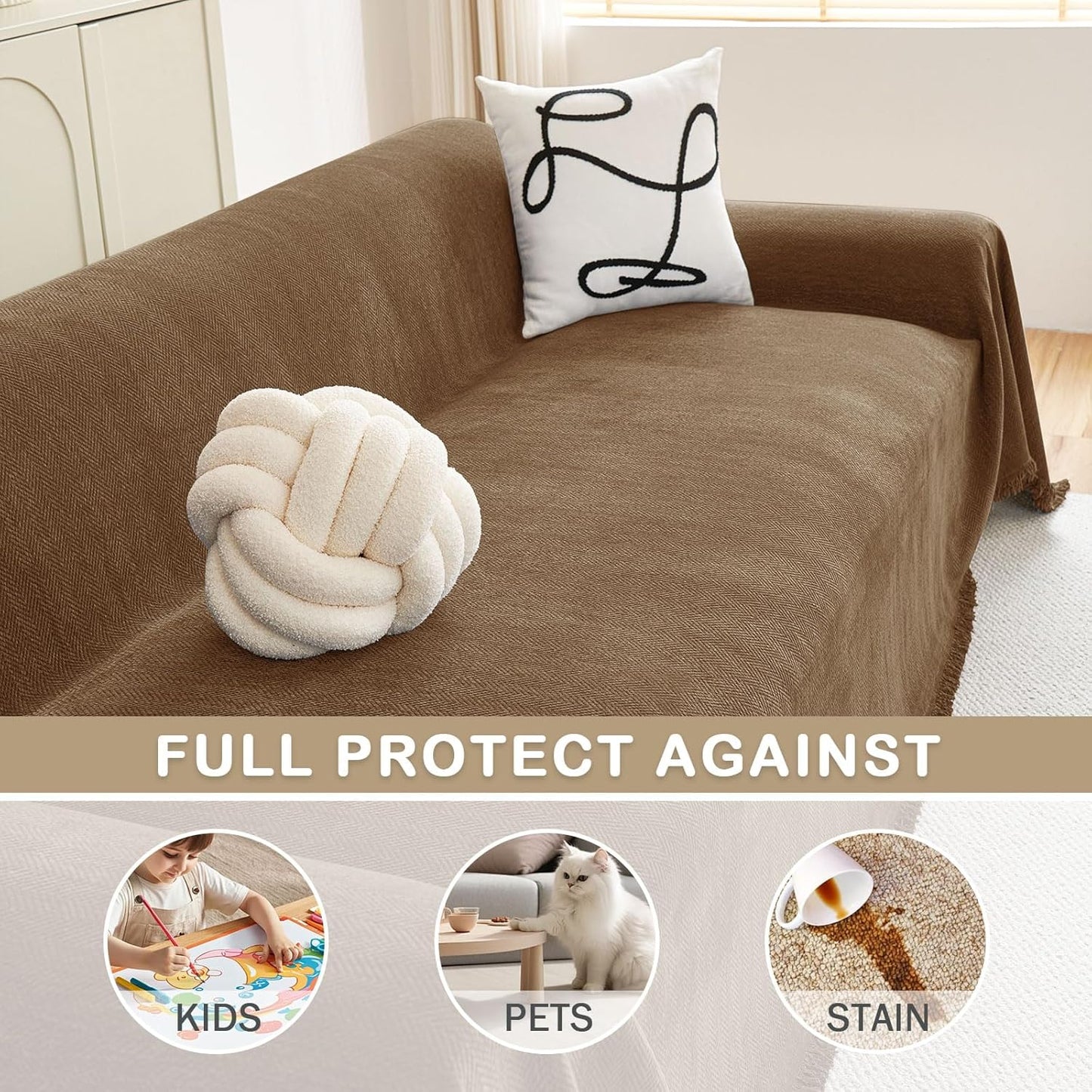 hyha Couch Cover for Dogs, Boho Sofa Covers for 3 Cushion Couch Washable, Chenille Sofa Slipcover for Pets, Soft Loveseat Sectional Couch Throw Blankets with Tassels (Chocolate, 88.5x150 Inch)