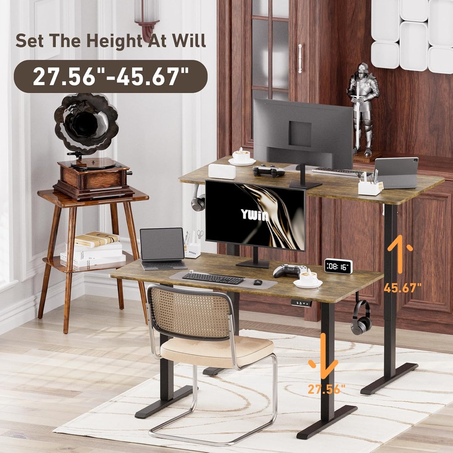Ywin Electric Height Adjustable Standing Desk, 48 x 24 inches Sit Stand Desk with Wheels, Ergonomic Stand Up Desk for Home Office