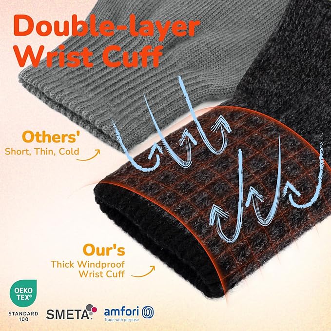 Merino Wool Gloves for Men Women Touch Screen Warm Anti-Slip Glove Liners Thermal for Driving Hiking