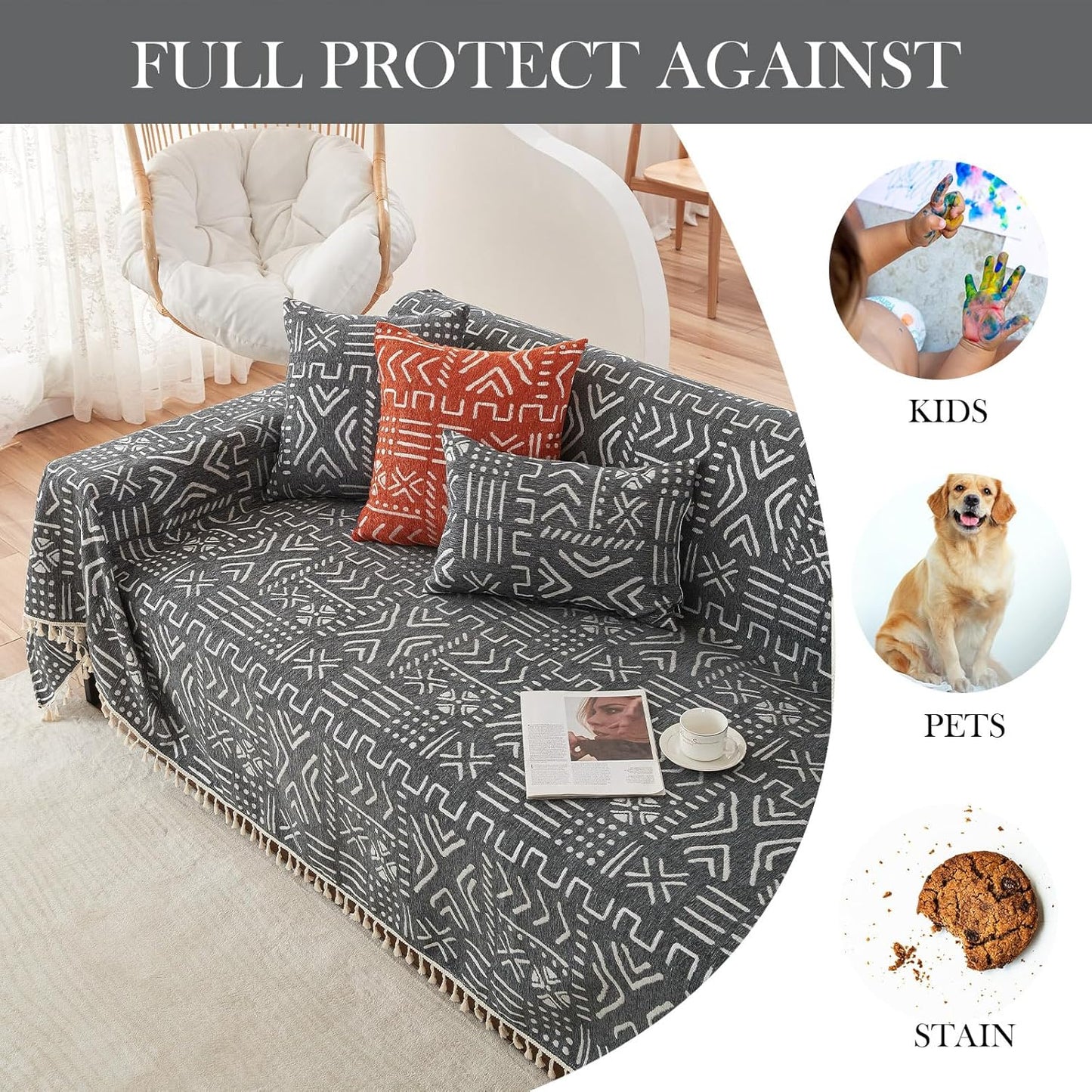HANDONTIME Black White Boho Sofa Cover Boho Geometric Couch Covers Tassel Farmhouse Dog Sofa Covers for Slipcover Aesthetic Couch Cushion Cover Couch Protector for Dogs Living Room Décor, 71" X150"