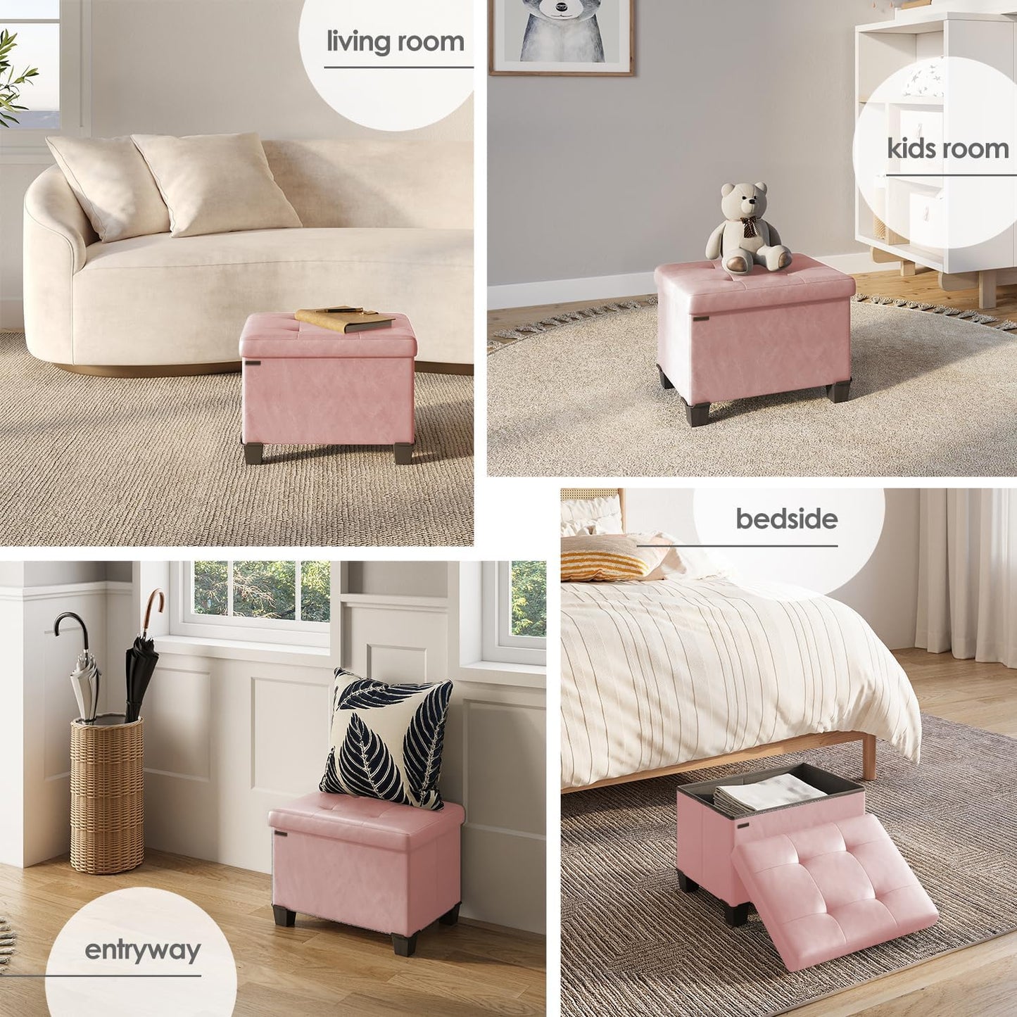 STORAGEBUD Storage Ottoman Cube with Small Bin, 16-in Square Ottoman with Storage for Living Room and Bedroom, Small Ottomans Foot Rest, Faux Leather Foot Stools Ottomans Max 330lbs, Pink