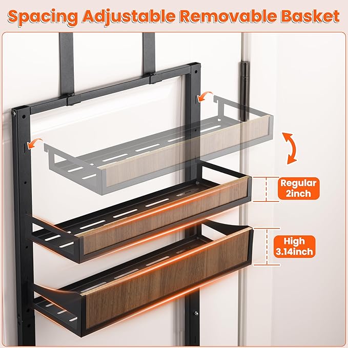 Aquzee Over the Door Pantry Organizer, 6-Tier Spice Rack Wall Mount, with Adjustable Wood Baskets, Metal Mounting/Hanging Behind the Door Organizer Storage for Kitchen, Cabinet and Closet
