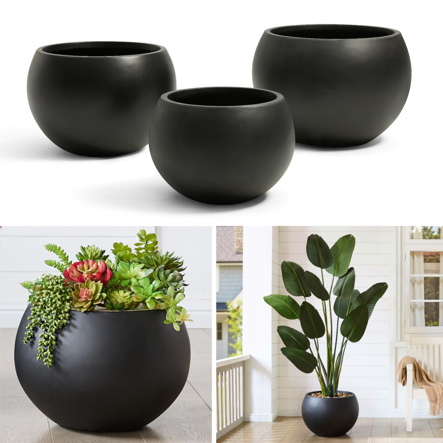 FloraFairy Fiberstone Sphere Planter, Black 19.3" Dia Large Flower Pot with Drainage Hole and Silicone Plug, Round Plant Container for Indoor or Outdoor, 15" Opening-13 H Large