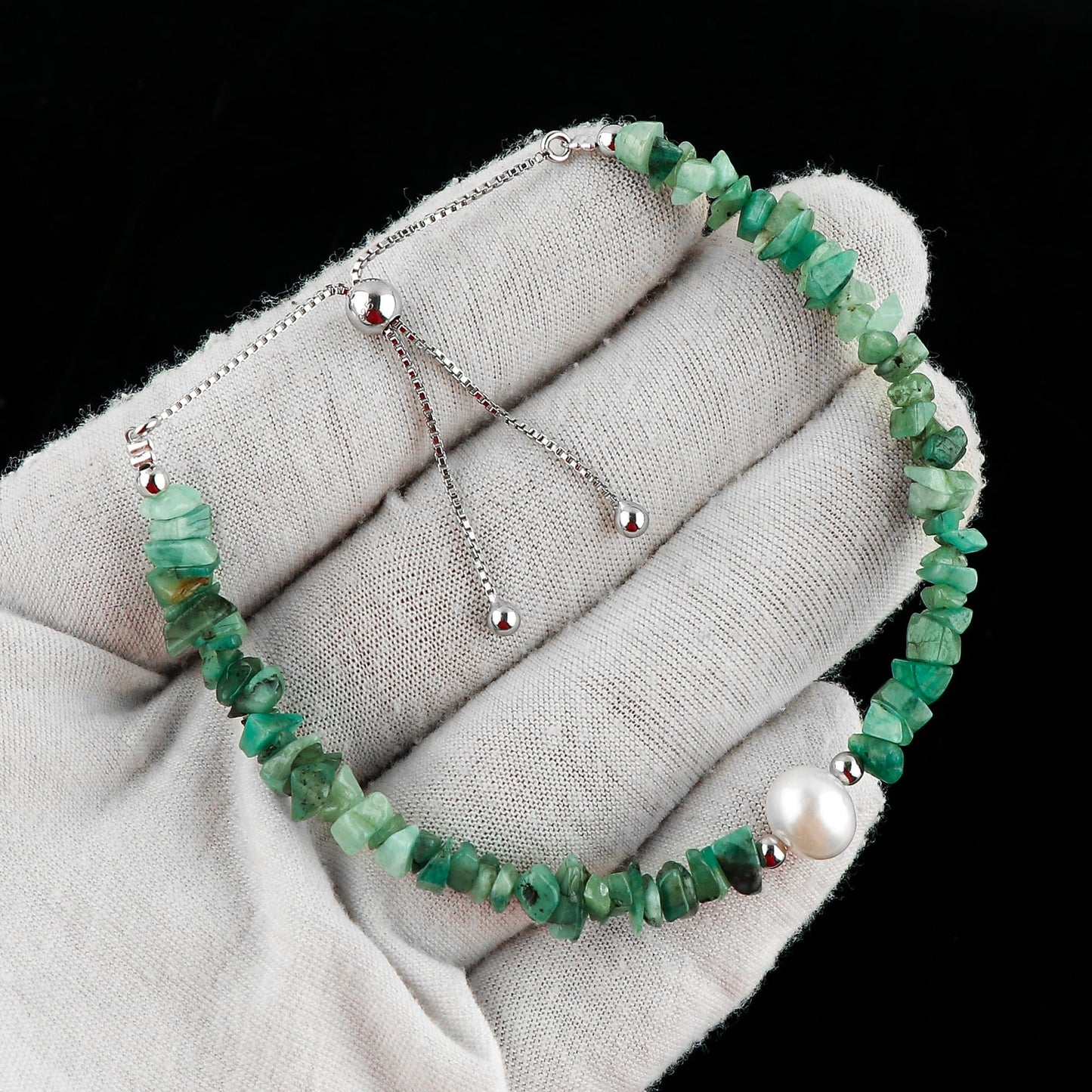CRYSTALIS Natural Emerald Beads Slider Bolo Bracelet with Elegant Pearl, Uncut Chips Nuggets Crystals, Chakra Healing Gemstone, Women Jewelry, 925 Sterling Silver Slider 10 inch