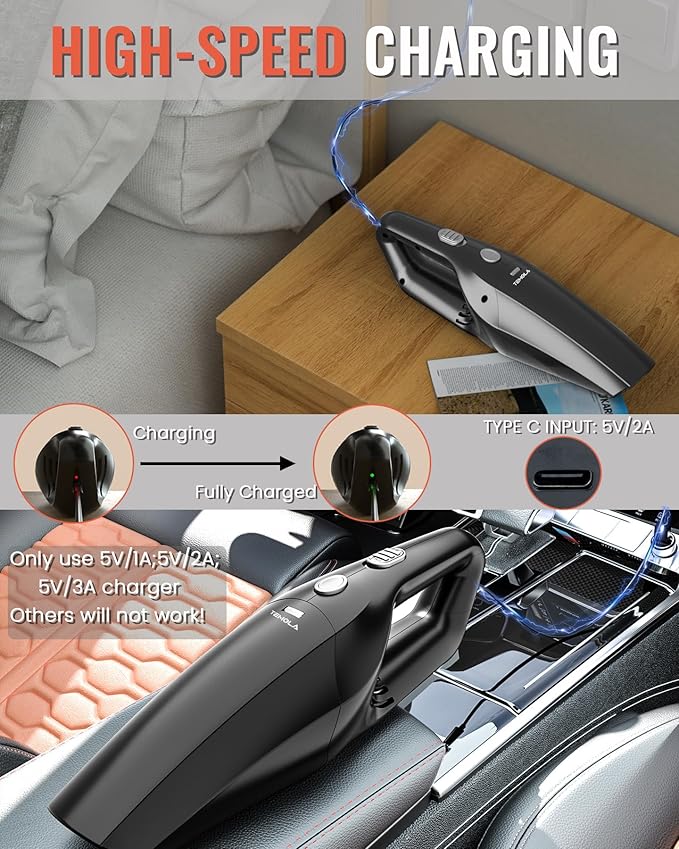 TEMOLA Handheld Vacuum Cordless, Car Vacuum Portable Cordless 12000Pa with Brushless Motor, 0.8lbs Lightweight Mini Vacuum Cleaner, Car Accessories for Women Home Pet Office