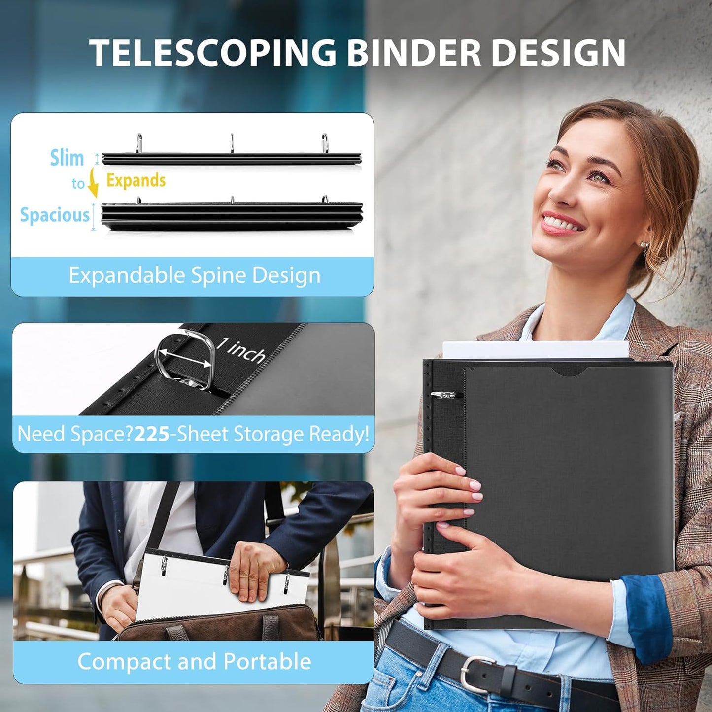 WOT I Telescoping 3 Ring Binder 1 Inch, Expandable Binder - Patented Design for Easy Portability, Holds Up 225 Sheets, Perfect for School, Office&Home Organization, Black