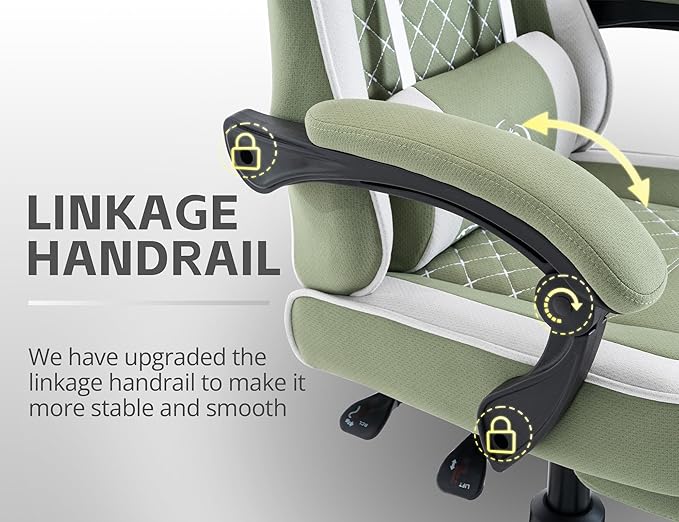 Gaming Chair for Adults with Footrest and Lumbar Support, Height Adjustable Game Chair with 360°-Swivel Seat and Headrest and for Office or Gaming (Green and White Fabric)