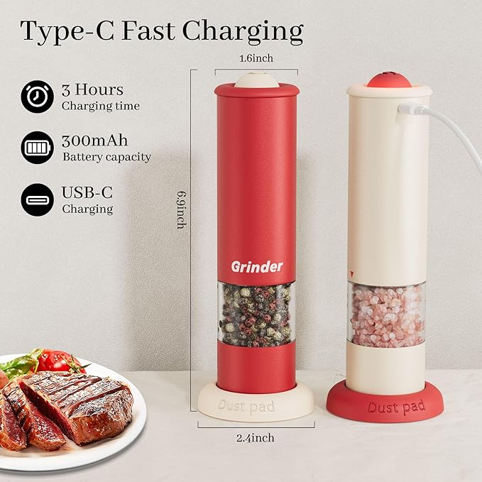Christmas Gift/Deal Electric Salt and Pepper Grinder Set, USB Rechargeable Adjustable Coarseness Automatic Salt Pepper Mill Shakers/Grinder Kitchen Spice Mill, Home Chefs Idea for House Warming