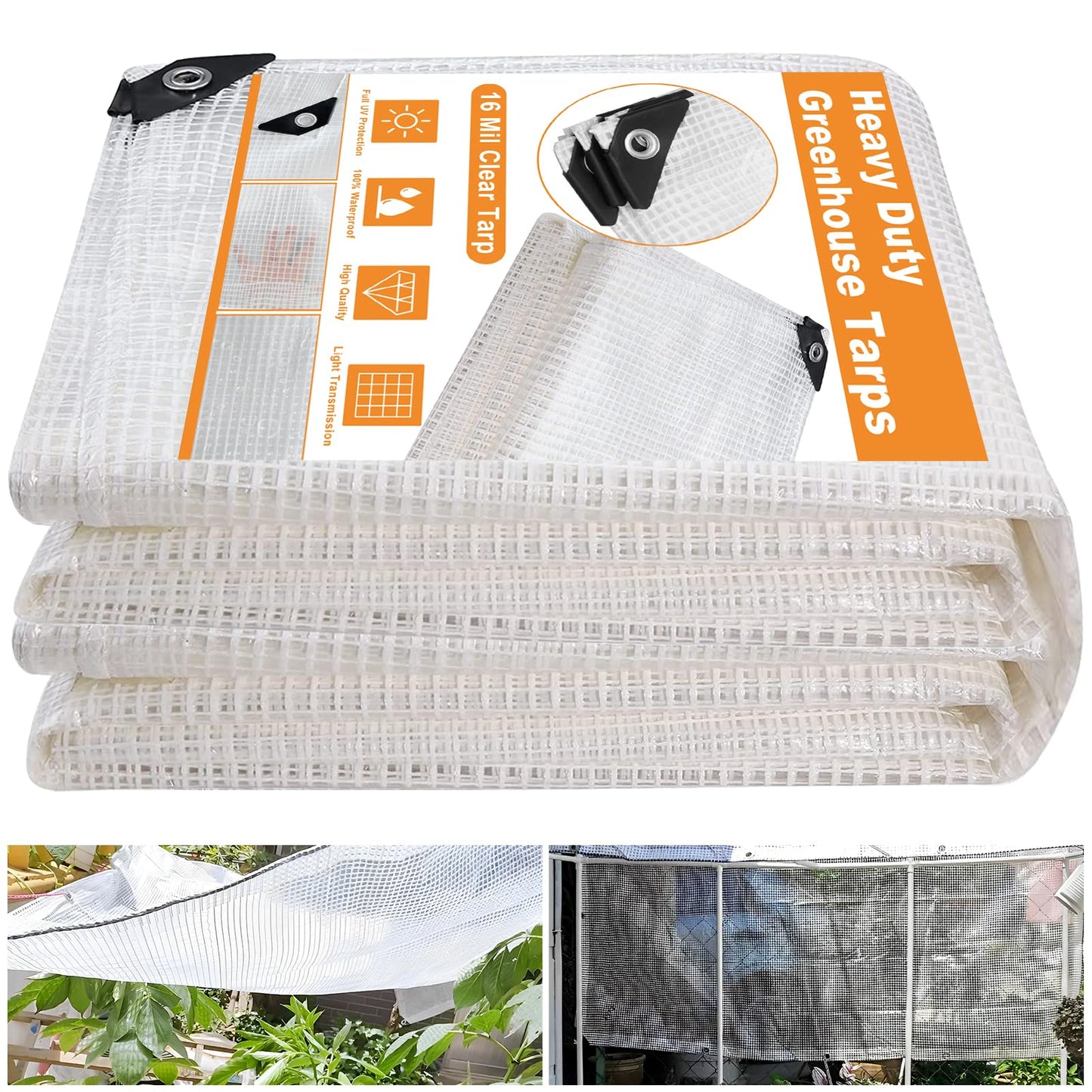 16 Mil Greenhouse Cover,Clear Plastic Tarps Heavy Duty Waterproof 16x20FT,UV Resistant Poly Clear Tarps with Grommets, Greenhouse Heavy Duty Tarp for Gardening,Farming,Nursery,Garden