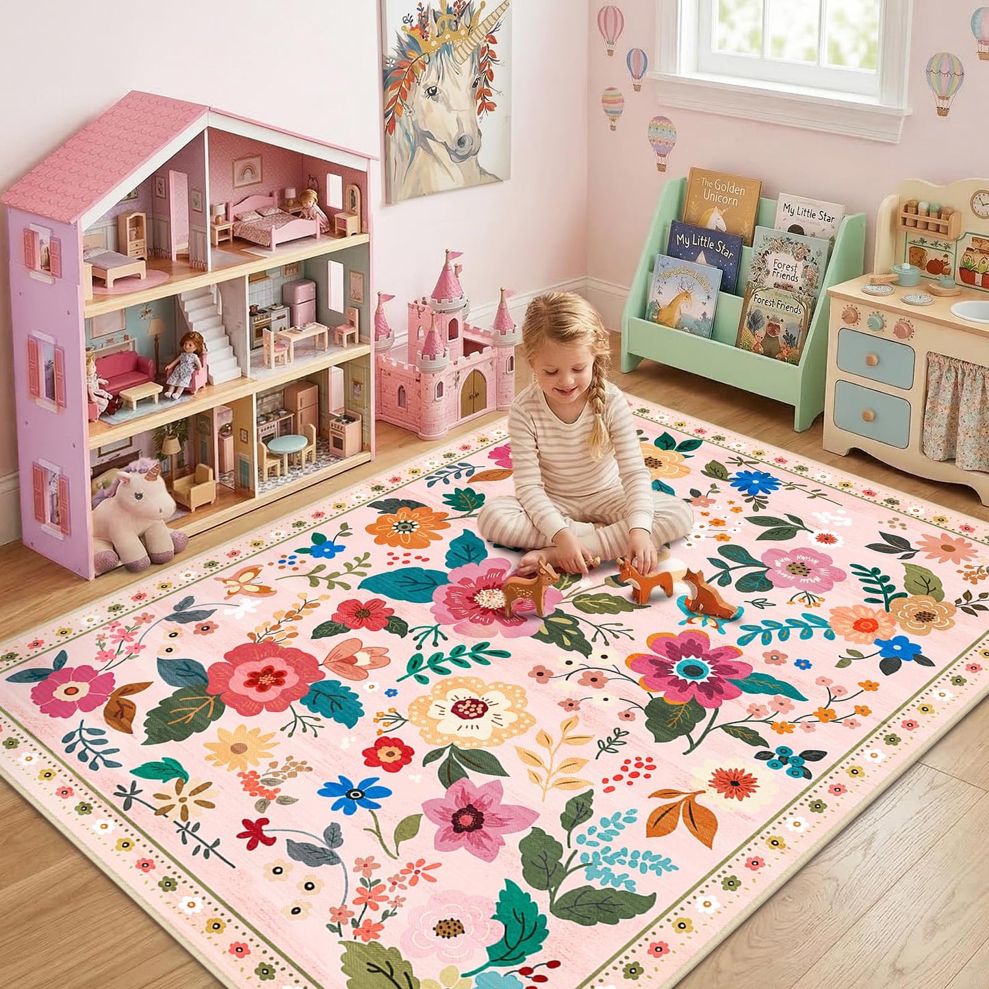 RELEANY Floral 5x7 Area Rug Machine Washable Soft Print Boho Carpet Non Slip Doormat Low Pile Flower Area Rugs for Living Room Bedroom Nursery Kitchen Dining Room Indoor-Pink