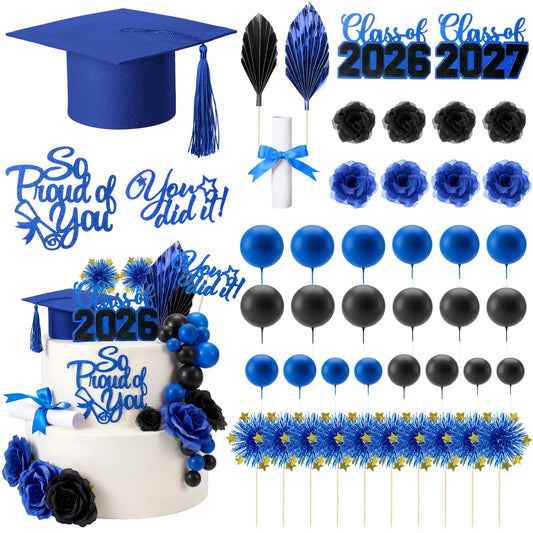 Sureio 48 Pcs Graduation Cake Toppers Class of 2026 Congrats Grad Cake Decor Graduation Cap Diploma Artificial Flower Card Ball Palm Leaves Firework Stick Kit for Theme Party Supplies (Blue, Black)