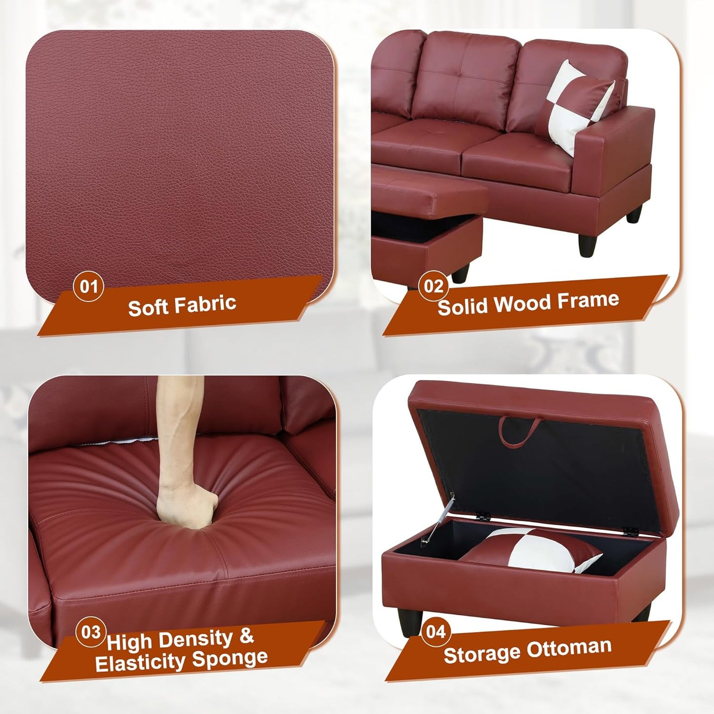 Osparple L Shaped Couch Faux Leather Sectional Couches for Living Room Upholstered 3 Pieces Modular Sectional Sofa with Chaise, Ottoman with Storage for Living Room and Small Apartment, Dark Red