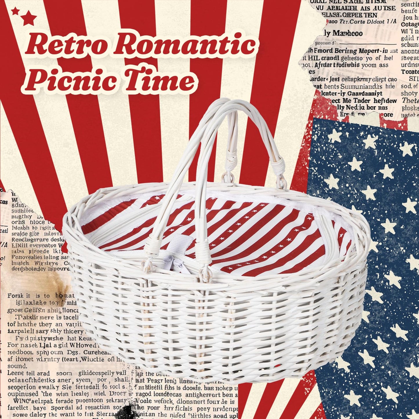 Wicker Picnic Basket with Insulated Lined Bag 15“ x 11” x 7“ Red, White Star Stripe Pattern, Iced Beer Insulated Bag for Camping, Picnics, Birthday Gifts, Wedding Gifts