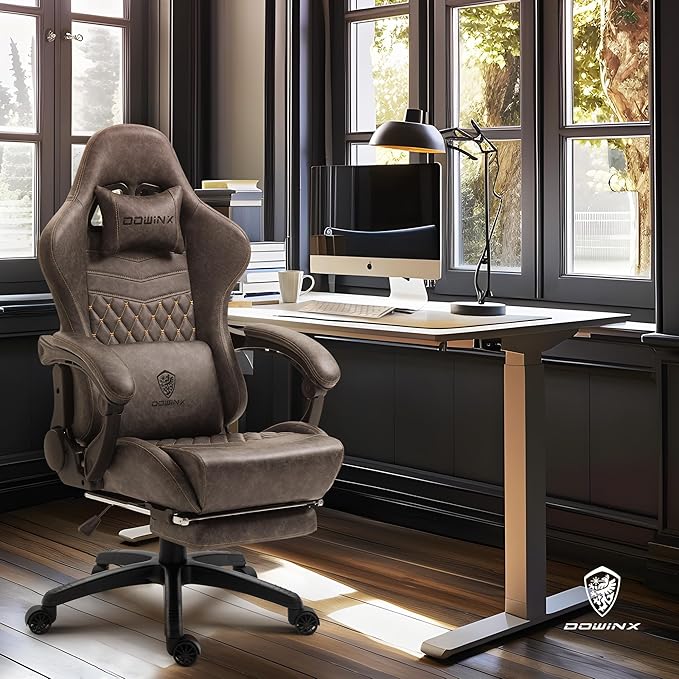 Dowinx Gaming Chair Big and Tall, Ergonomic PC Gaming Chair with Footrest & Massage, Racing Style Reclining Computer Chair for Adults, 400LBS Capacity - Heavy Duty Gamer Chair, Brown