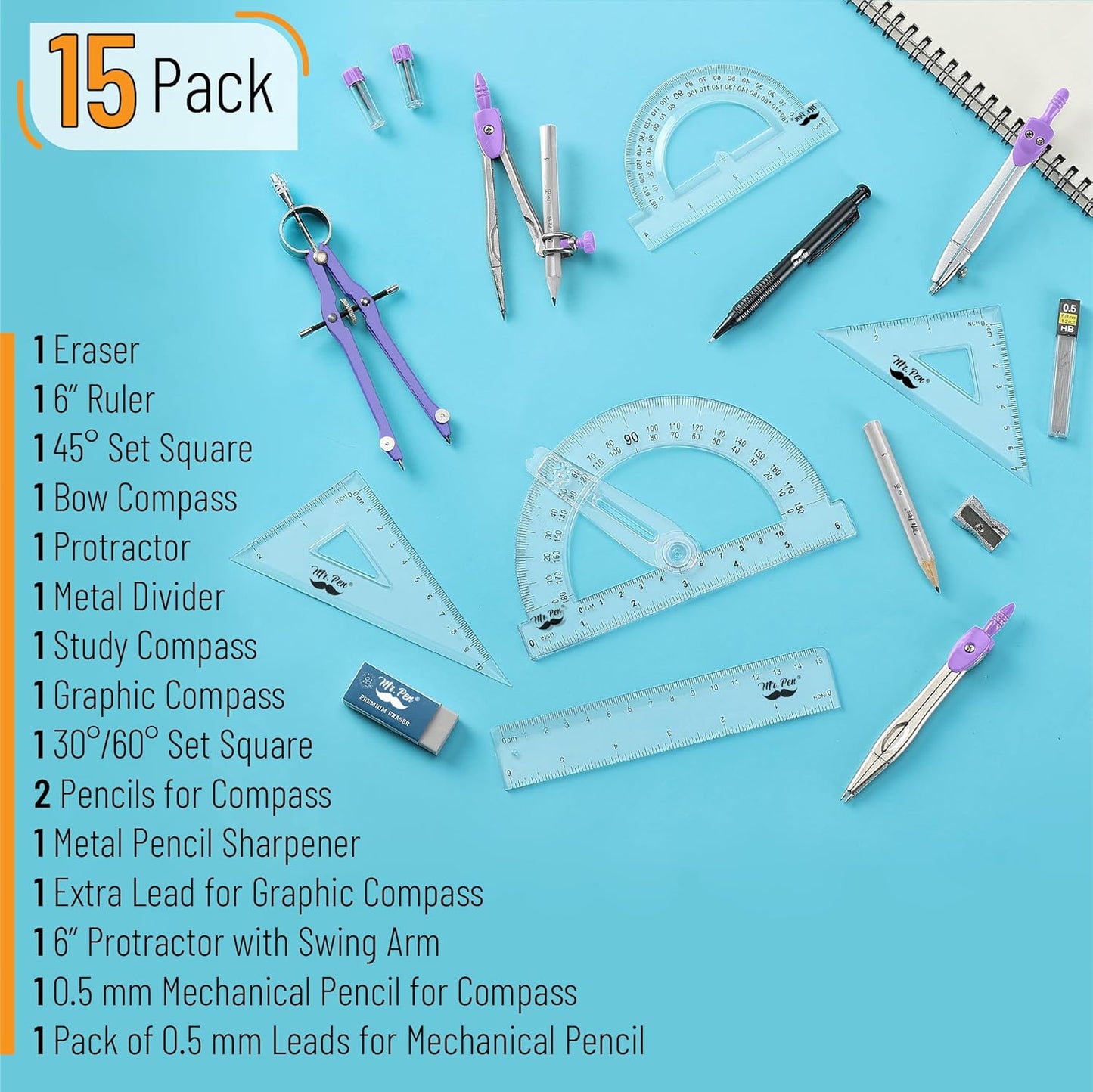 Mr. Pen- Geometry Set, 15 pcs, Purple, 6 Inch Swing Arm Protractor, Divider, Set Squares, Ruler, Compasses and Protractor