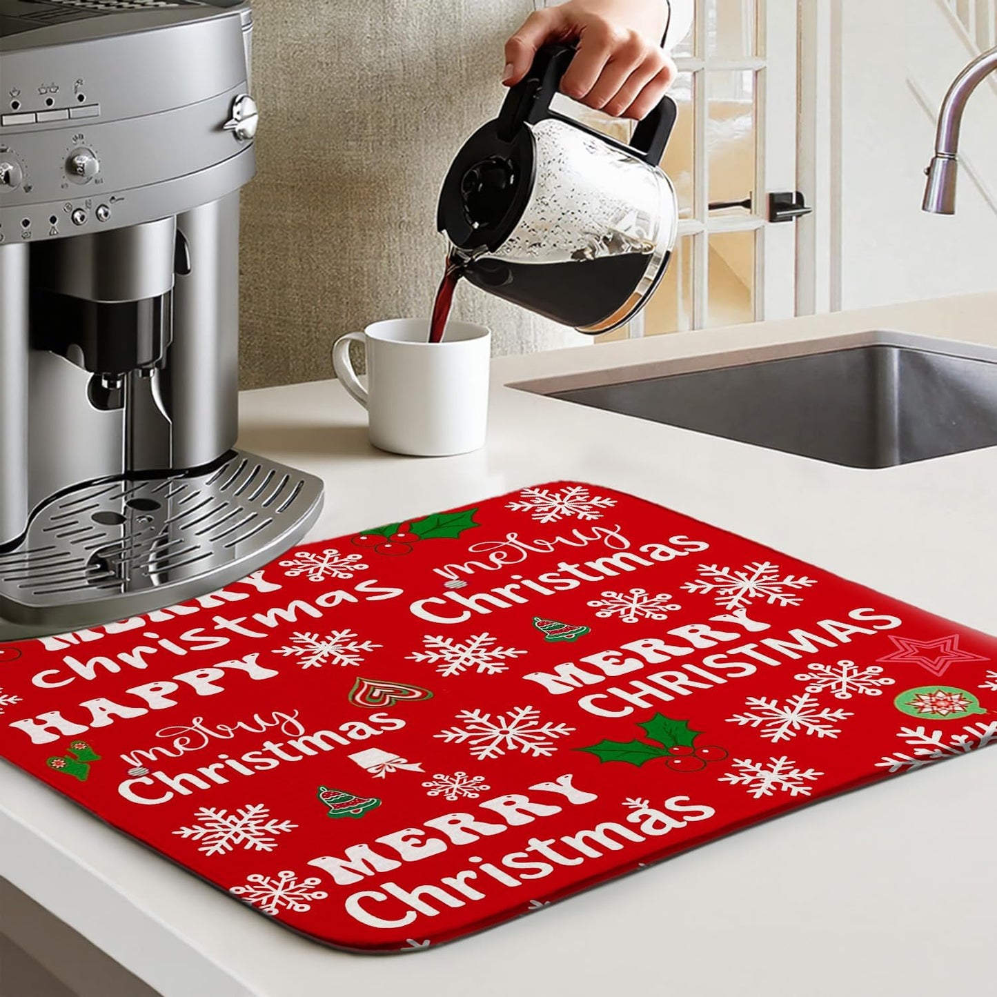 Red Christmas Drying Mat for Kitchen Counter 16" X 18" Christmas Dish Drying Mat for Kitchen Decor Red Xmas Drying Mats For Home Counter Drying Mats For Dishes Dish Mat Drying Mat