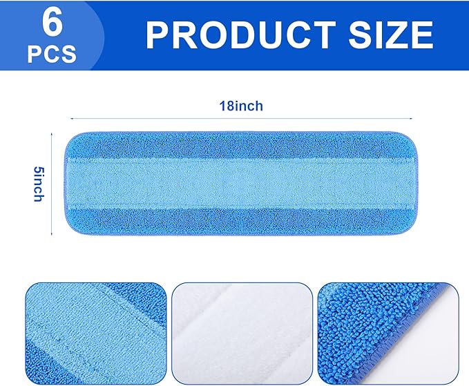 6 Reusable Microfiber Cleaning Pads for 18 Inch Mop, Replacement Cleaning Mop Pads, Machine Washes, 6 Pairs Slippers Shoe Covers Reusable Microfiber Foot Socks Slippers Tools