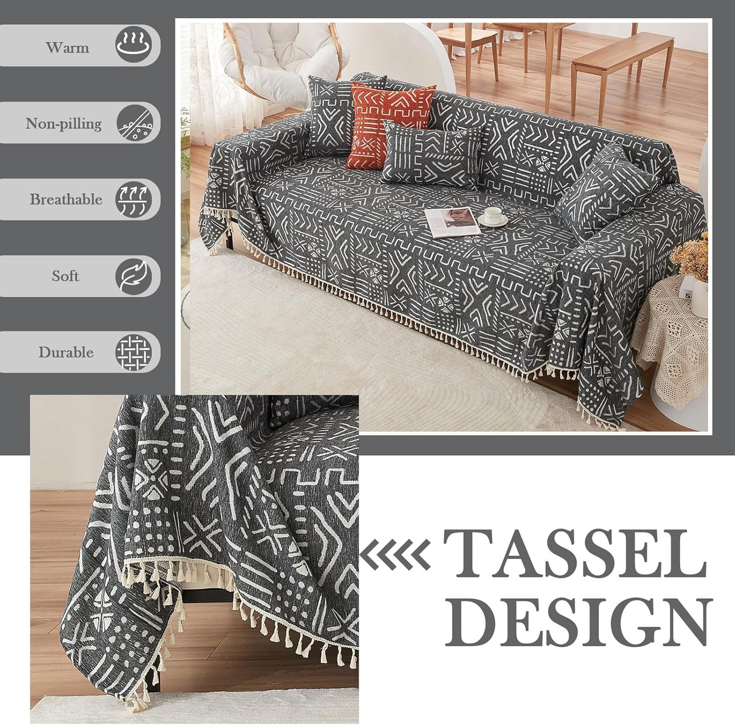 HANDONTIME Black White Boho Sofa Cover Boho Geometric Couch Covers Tassel Farmhouse Dog Sofa Covers for Slipcover Aesthetic Couch Cushion Cover Couch Protector for Dogs Living Room Décor, 71" X150"