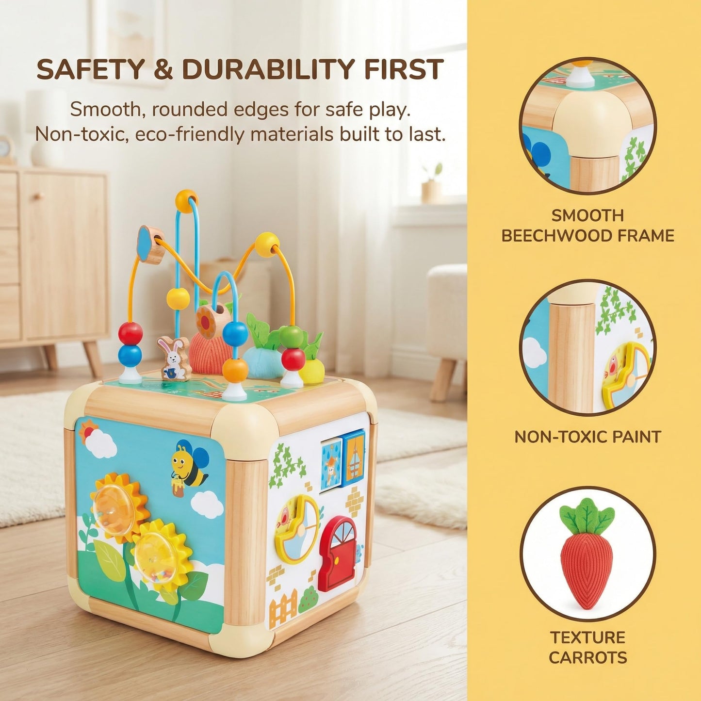 Hape Green Thumbs 6-in-1 Wooden Activity Cube for Toddlers - Nature-Themed Educational Toy with Bead Maze, Shape Sorter & Sensory Carrots - Montessori Learning Gift for Baby Boys & Girls