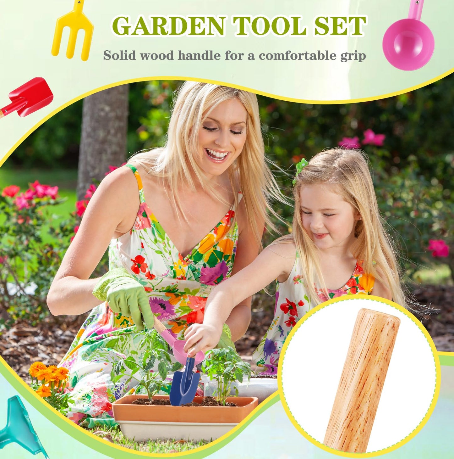 Motionchic 30 Pcs Children Beach Sand Toys Kids Gardening Tools Set Metal Including Shovel, Rake, Fork and Trowel, Summer Beach Sandbox Digging Toys for Kid with Wooden Handle Hoe Outdoor Gift