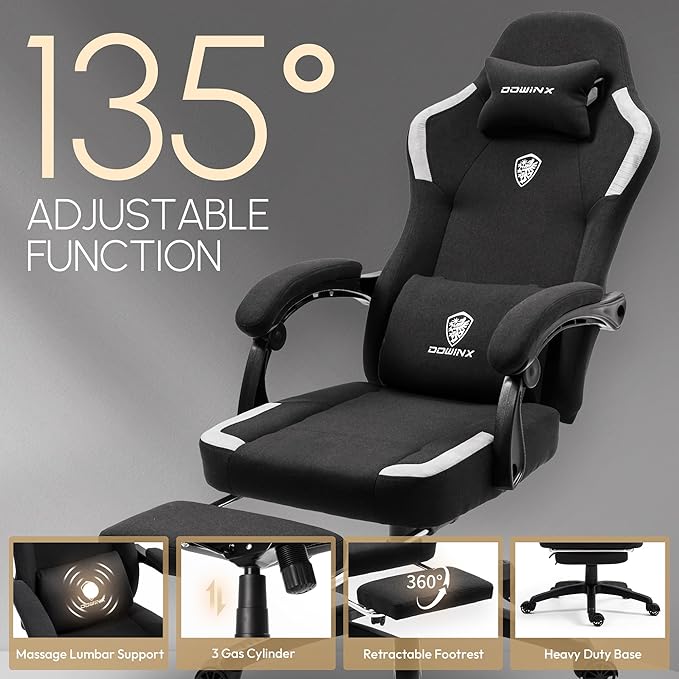 Dowinx Fabric Gaming Chair with Pocket Spring Cushion,Breathable Computer Chair with Massage Lumbar Support and Footrest,High Back Game Office Chair for Adult,Black