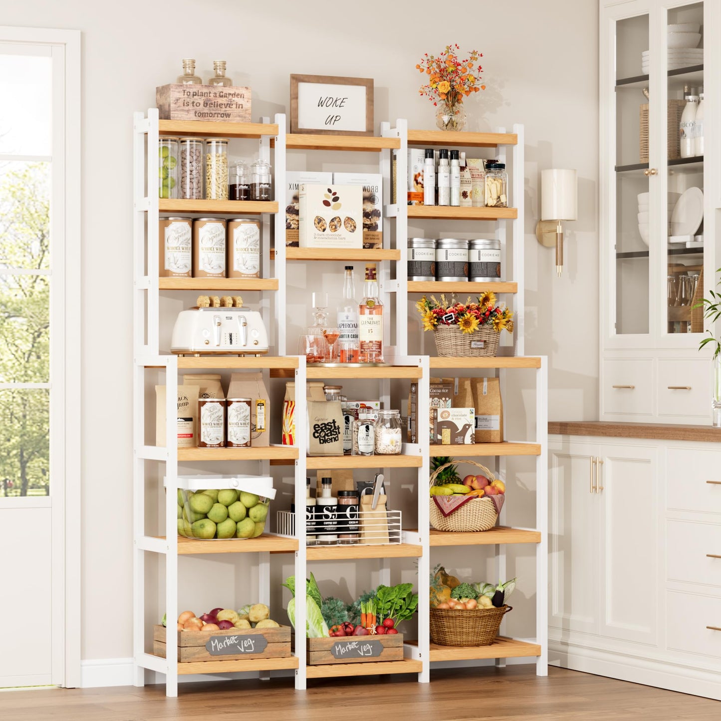 FOTOSOK Bamboo Shelf, 7 Tier Plant Stand Indoor, 3 Row Ladder Shelf, Bookshelf and Bookcase, Corner Display Stand with Adjustable, Flower Stand for Living Room Balcony Kitchen, White and Natural