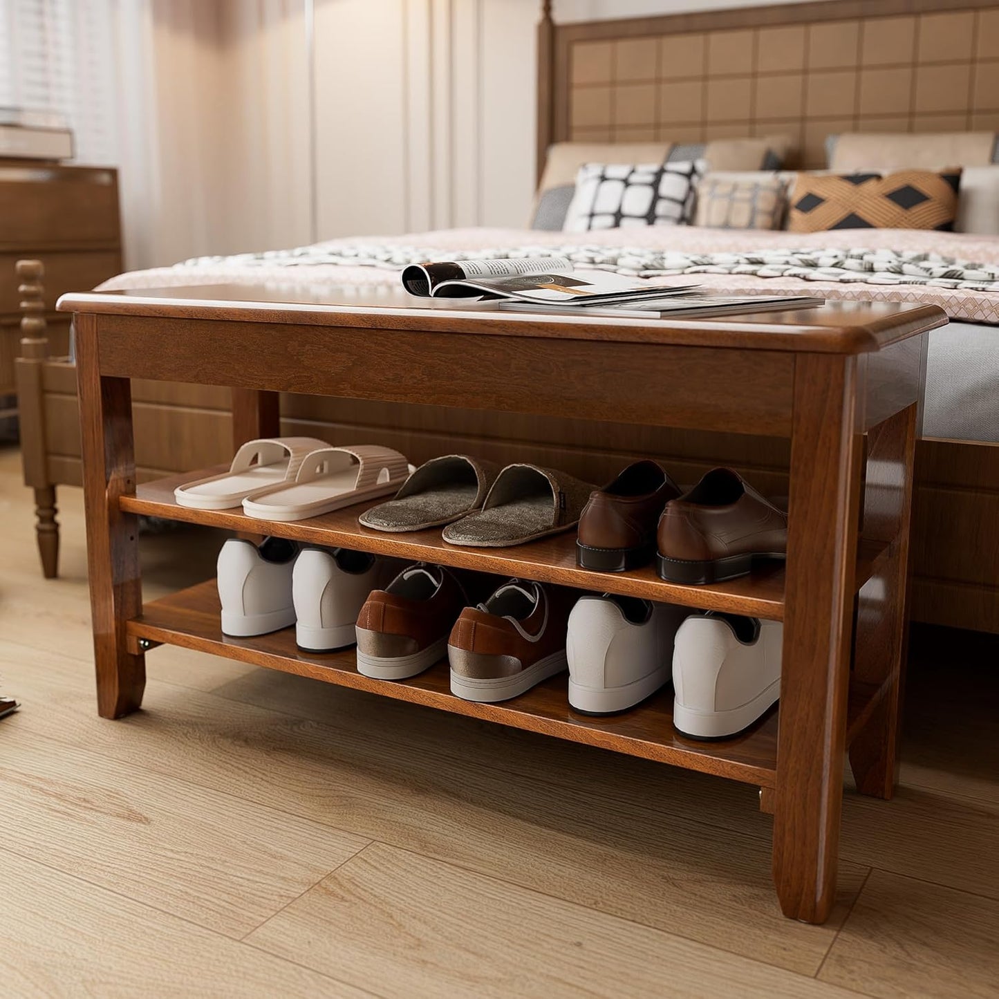 Shoe Storage Bench for Entryway - 3 Tier Shoe Rack for Front Door Entrance, Rubberwood Shoes Rack Height Adjustable, Entryway Bench with Shoes Storage for Any Room (Walnut, 31.5" W)