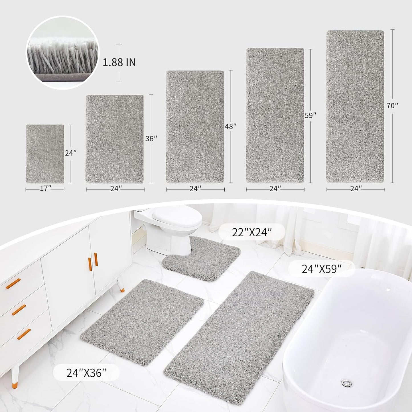 Gray Bathroom Runner Rug 24x59 Non Slip Fluffy Long Bath Mat for Bathroom Floor Washable Plush Luxury Bath Rug for Tub Absorbent Shower Sink Mat Bedside Rug