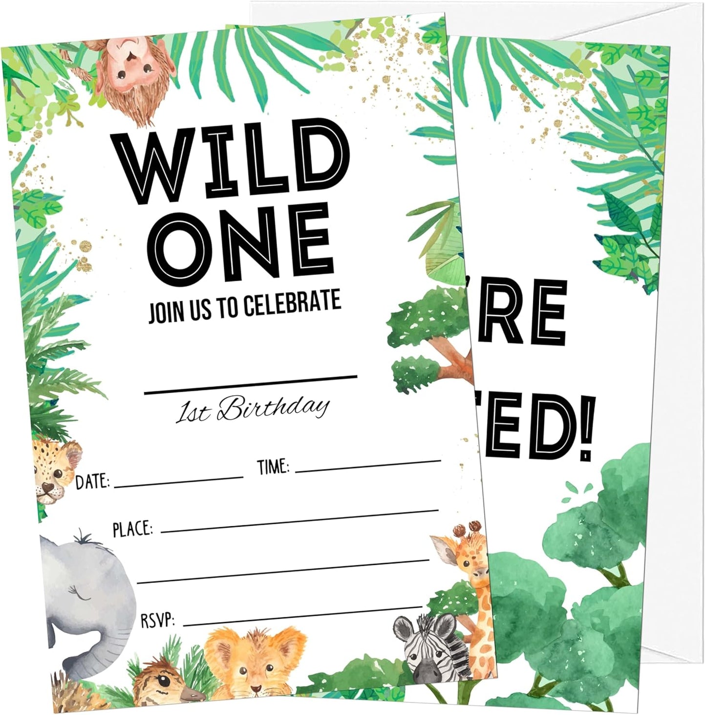 Wild One Birthday Invitations, 20 Invitation Cards with Envelopes, Safari Zoo Invites for Party Decorations Favor Supplies - A16