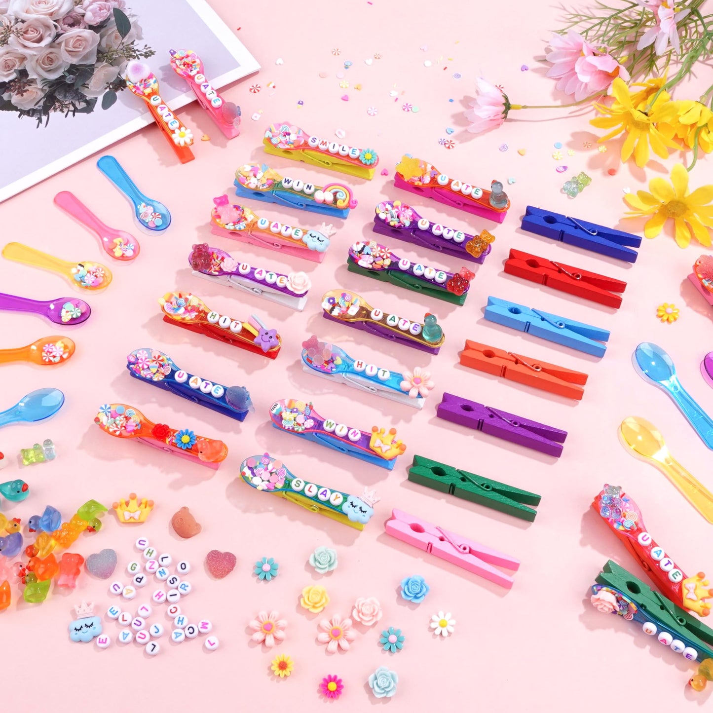 Fayoo 50 Pack DIY Cheer Pin Kit - 50 pcs Wooden Clothes Pins, U ATE Beads, Cheer Spoons and Charms for Pep Rally Cheerleader Gifts Team Spirit Gifts for Sports, Volleyball (Bright Color)