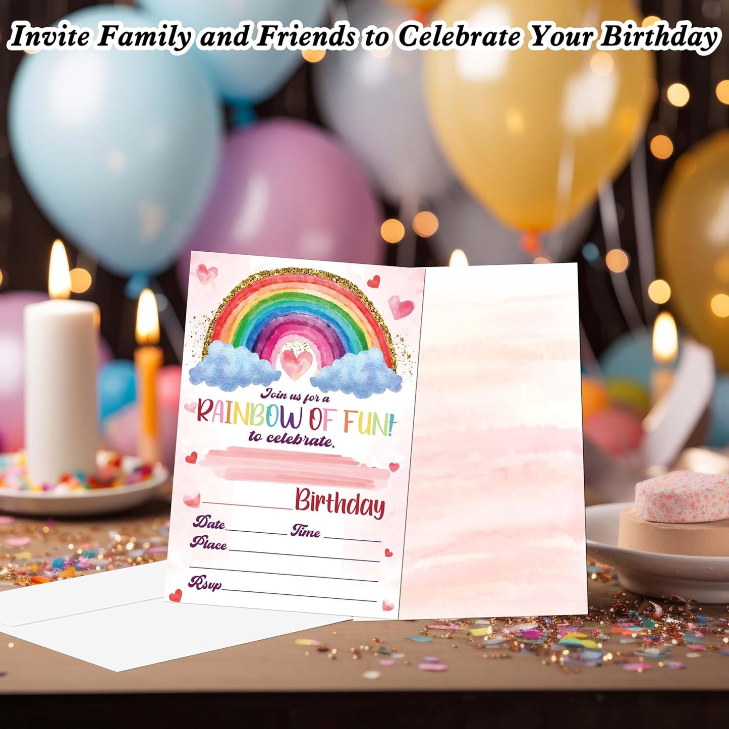 Rainbow Birthday Invitations, 20 Invitation Cards with Envelopes, Colorful Clouds Invites for Girl Party Decorations Favor Supplies - A09