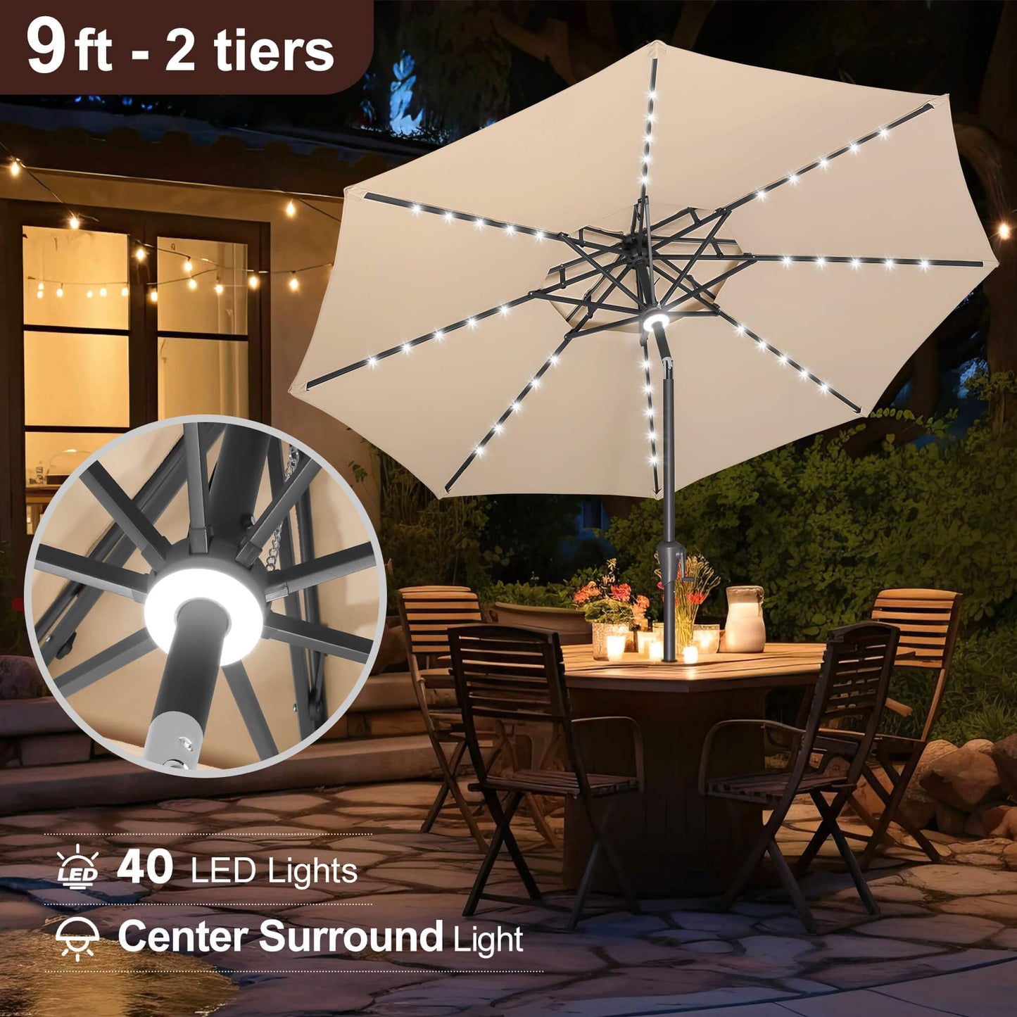 FLAME&SHADE 2 Tiers 9ft Solar Light Patio Umbrella, 40 LED lights outdoor umbrella with Centre Surround Light, Table Market Umbrella for Deck, Pool, Porch, Backyard, Garden (Beige)