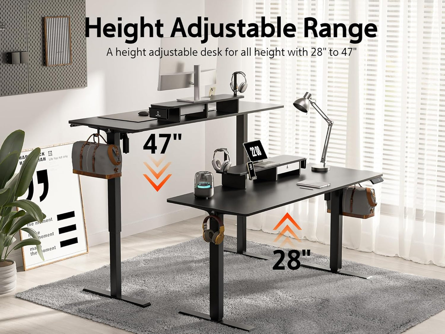 48x24 Inches Electric Standing Desk With Drawer and Monitor Stand, Height Adjustable for Home Office, Ergonomic Sit to Stand With Phone Holder, 3 Hooks, Black