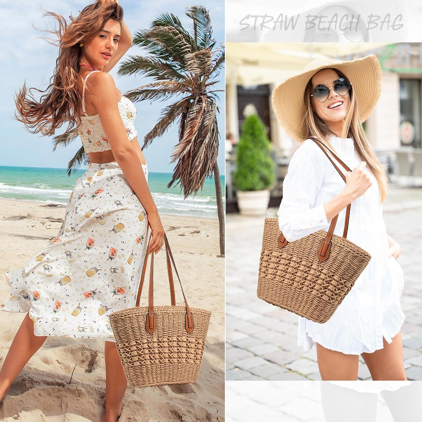 Straw Beach Bags for Women Woven Beach Tote Bag Casual Boho Large Shoulder Handbags Purse for Vacation Holiday