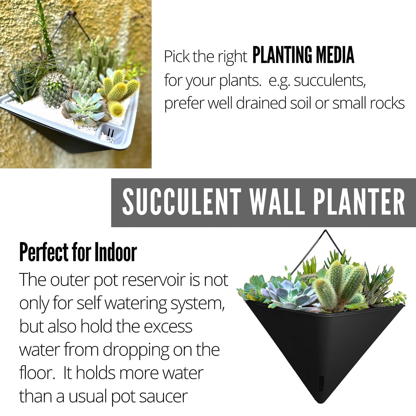 LaLaGreen Bundle - 12" x 4 Pack Black + 12" x 2 Pack Gray Large Self Watering Geometric Hanging Flower Vase Vessel with Metal Hanger, Modern Stylish Wall Mounted Succulent Pot Holder Decor
