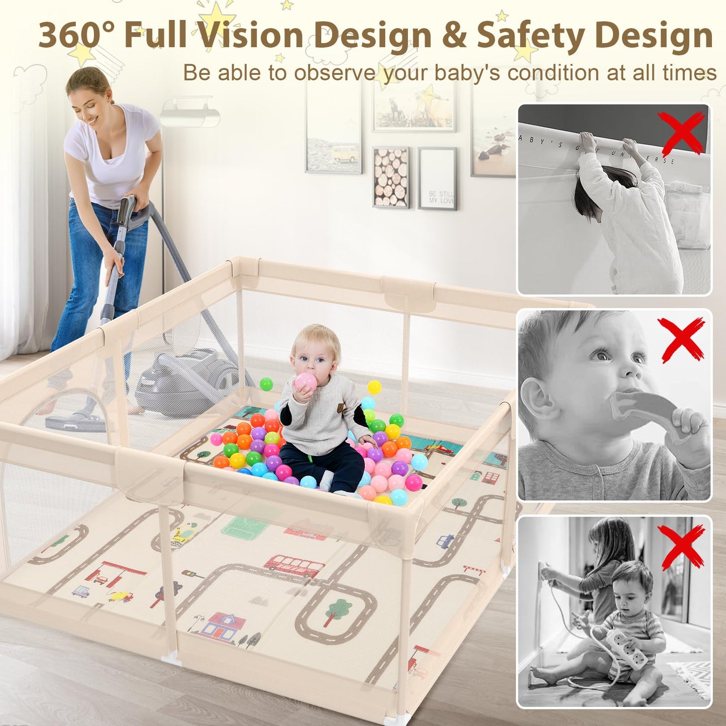 Baby Playpen with Mat 79x71inch - Extra Large Play Pen for Babies and Toddlers Indoor & Outdoor Baby Playard with Soft Breathable Mesh Cover - Sturdy Foam Infant Gate Playpen(Apricot)