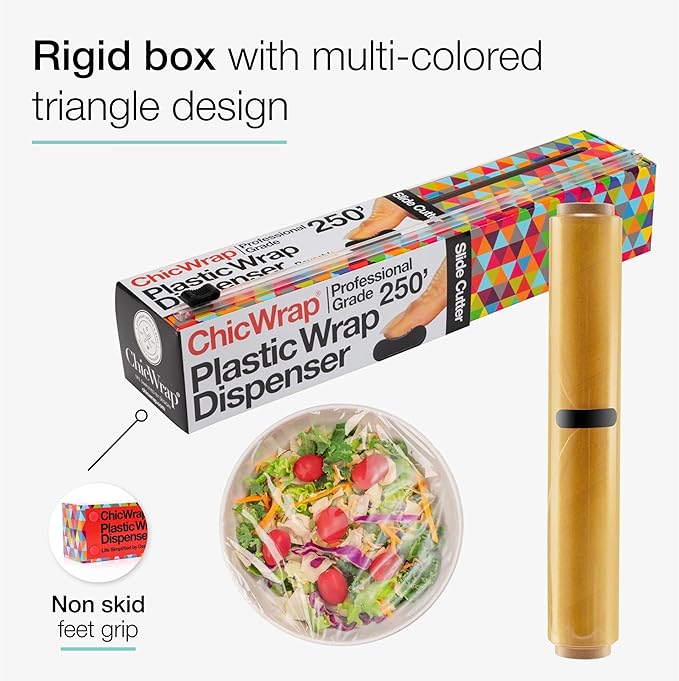 Chicwrap Triangles Refillable Plastic Wrap Dispenser - Includes One 12" x 250' Roll of Professional Grade Plastic Wrap - BPA Free and Kosher Certified - Reusable Dispenser w/Slide Cutter