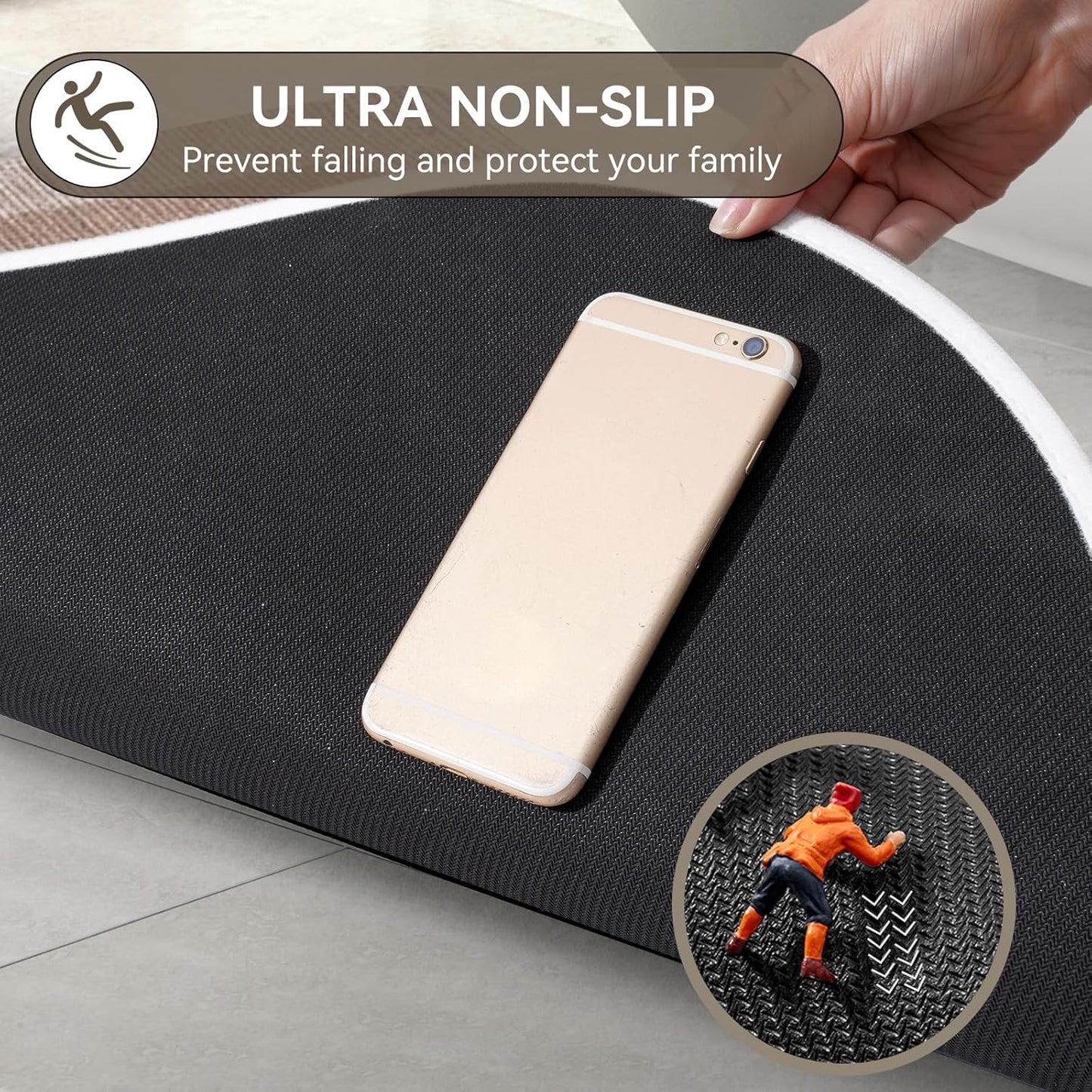Half Circle Bath Mat,Thin Bathroom Rugs Fit Under Door Quick Dry Non Slip Washable Bathroom Mat with Rubber Backing,Absorbent Woven Half Round Shower Rug, Brown Beige 16x24