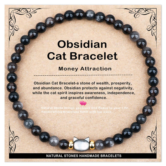 AD Beads 4mm Handmade Obsidian Cat Bracelet Elastic Bracelet – Natural Gemstone for Money Attraction – Meditation, Yoga, Healing and Energy Gift for Men Women