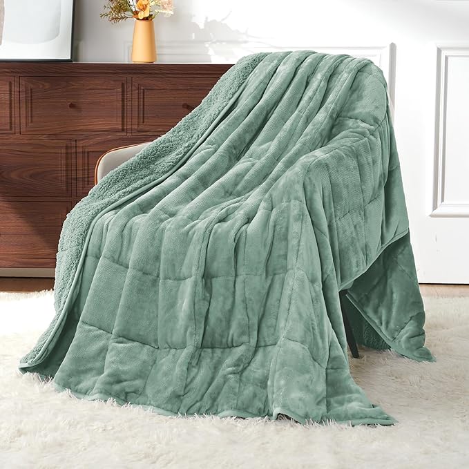 Uttermara Weighted Blankets for Adults Queen Size, 20lbs 60x80 inches Blanket with Soft Warm Plush Sherpa Fleece, Washable Thick Heavy Throw for Sleep, Anxiety and Calming, Sage Green