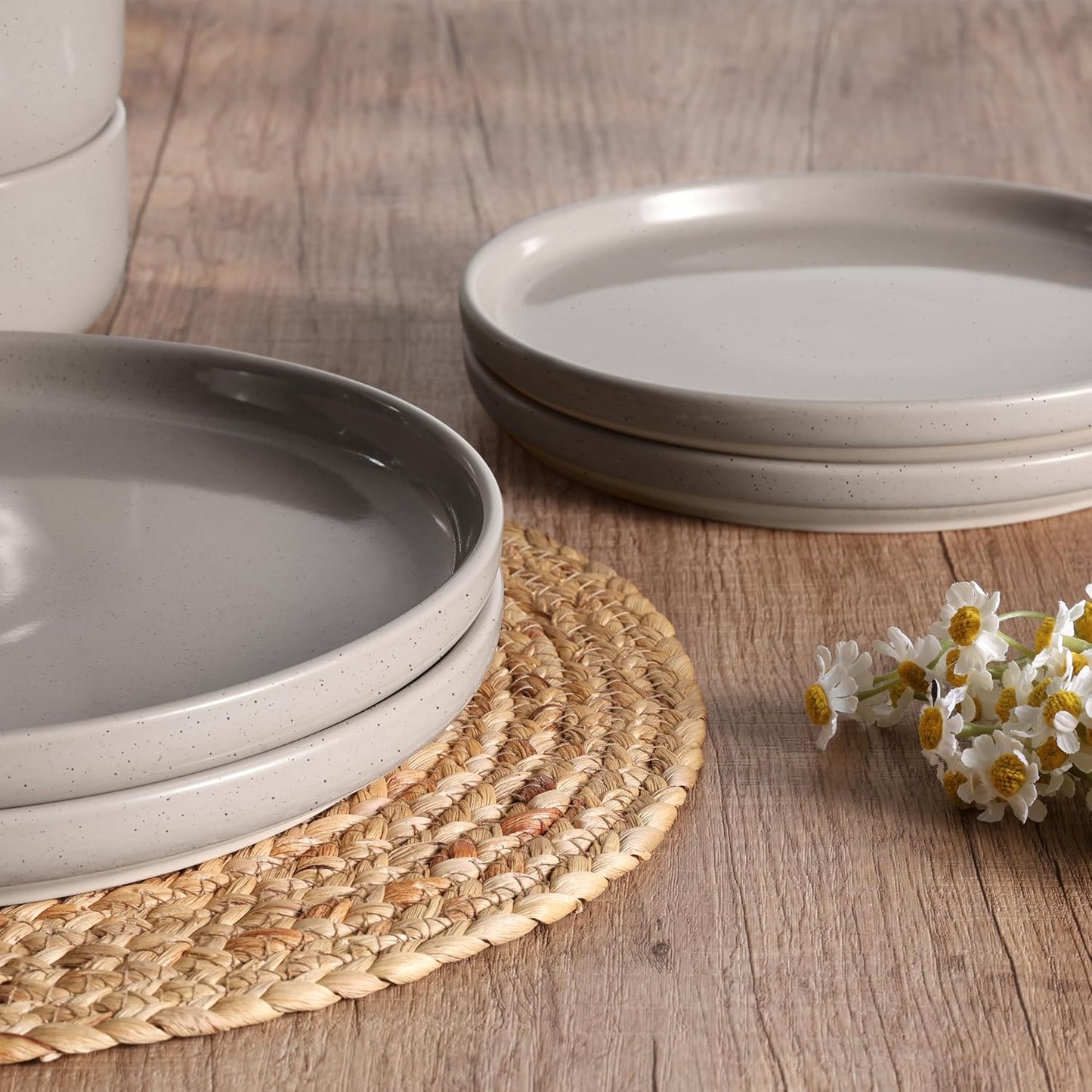 HaWare Stoneware Dinnerware Sets, 12-Piece Plates and Bowls Set for 4, Dishes Set for Home Restaurant, Speckled Cream Coffee