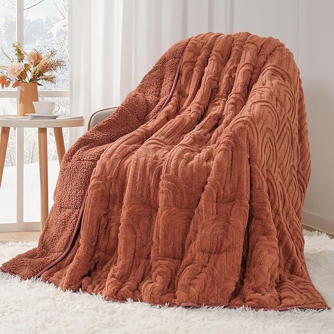 Cottonblue Jacquard Weighted Blanket for Adults 15 lbs Twin Size, Cozy Fluffy Sherpa Fleece Weighted Throw Blankets 48" x 72" for Sleep Relax, Fuzzy Warm Arch Heavy Blanket for Bed Couch, Rust Pink