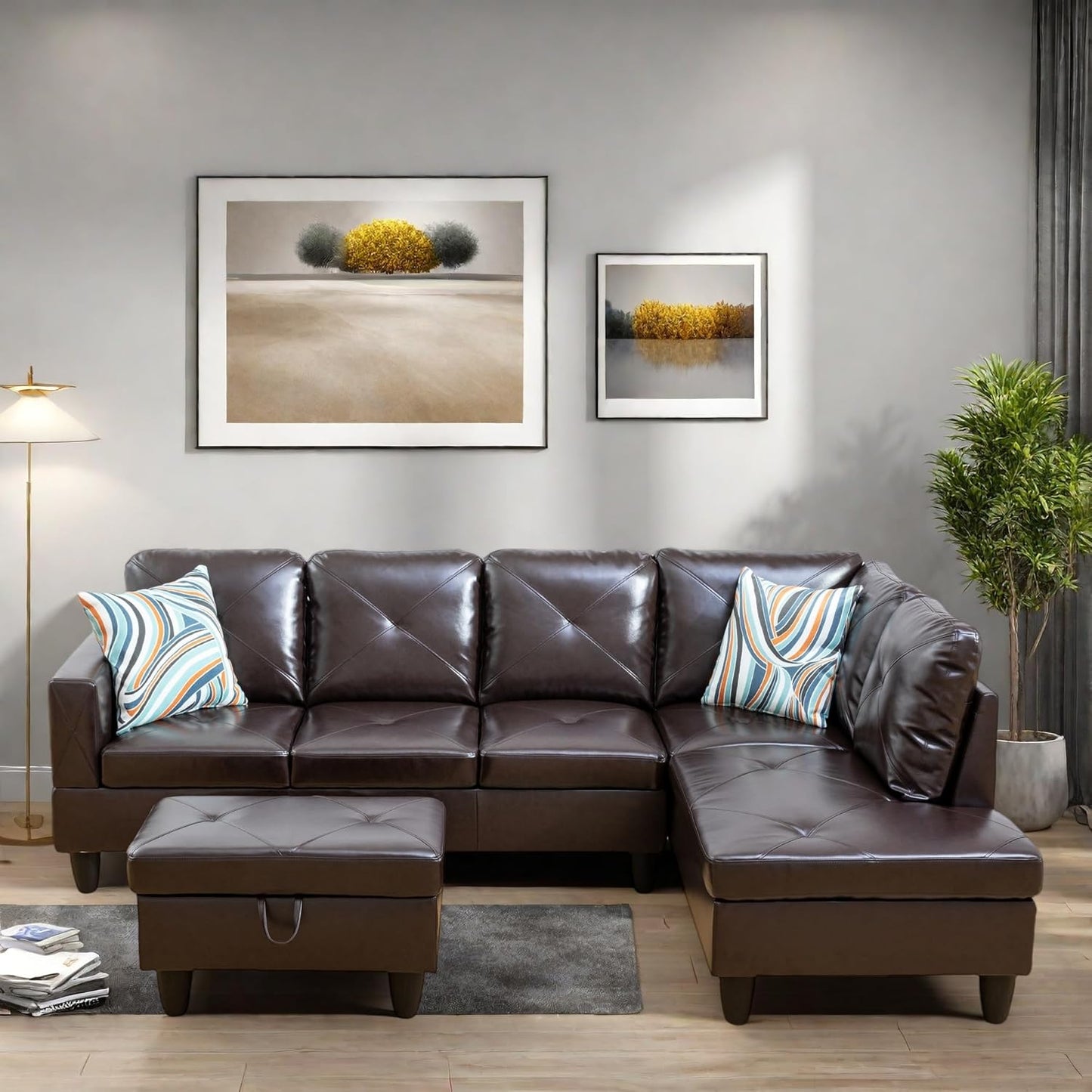 L Shaped Sectional Couches, Modern Modular Sectional Sofa for Living Room Bedroom Furniture, Cozy 4 Seat Couch with Ottoman Storage & Chaise, Brown