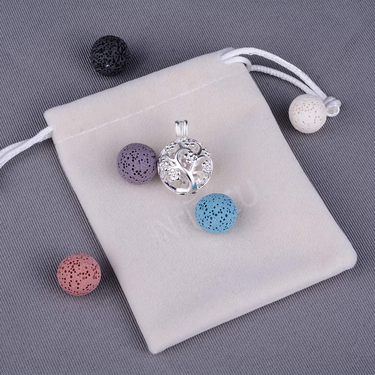 INFUSEU Sakura Tree Aromatherapy Necklace, Essential Oils Diffuser Locket Pendant with 7 PCS Lava Rock Stones and 24" Link Chain