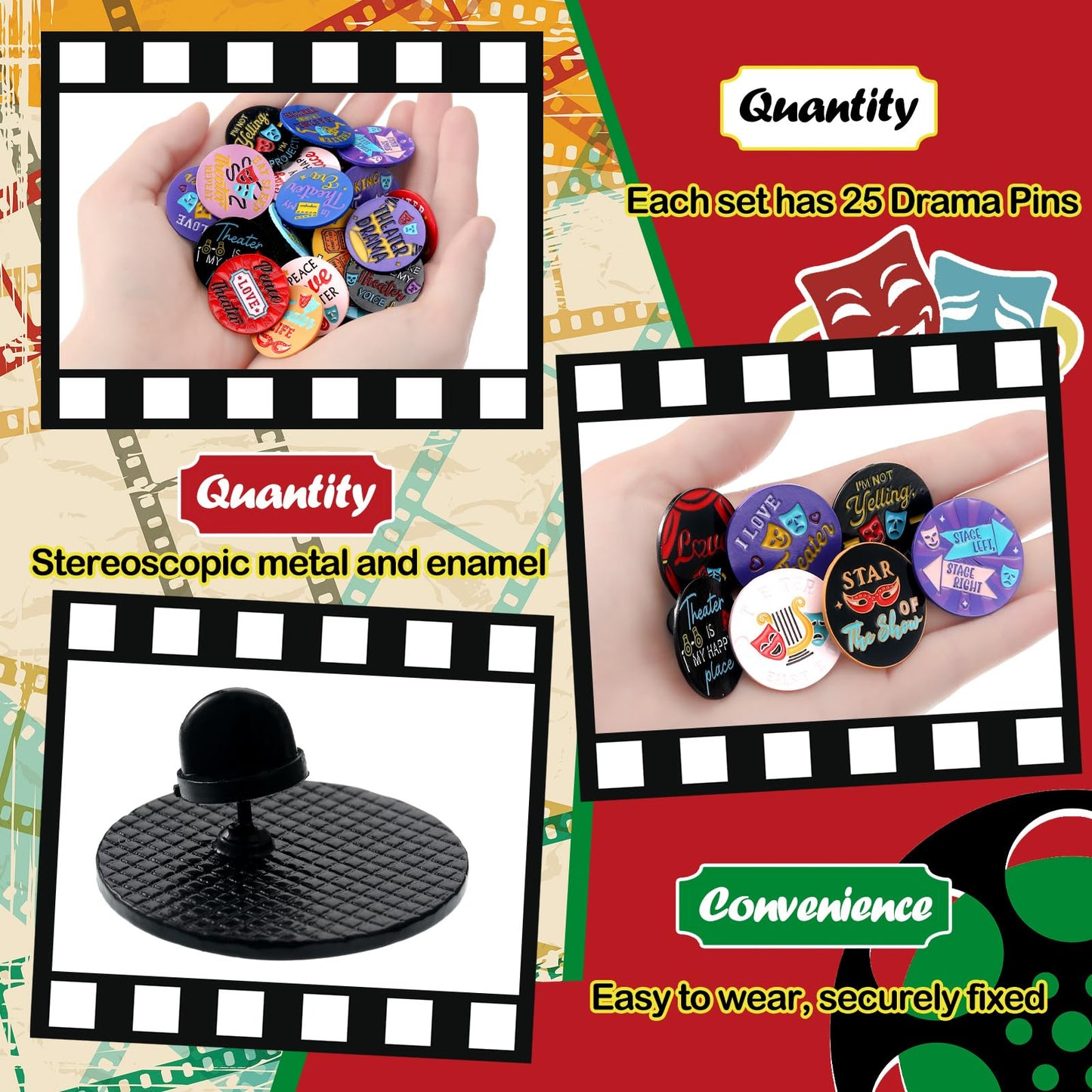 Huquary Theater Pins Bulk Musical Theater Gifts Broadway Comedy Tragedy Mask Enamel Pins Charms Performance Award Theater Lapel Badge for Drama Lovers Events Groups Party Favors(25 Pcs,Theater Theme)