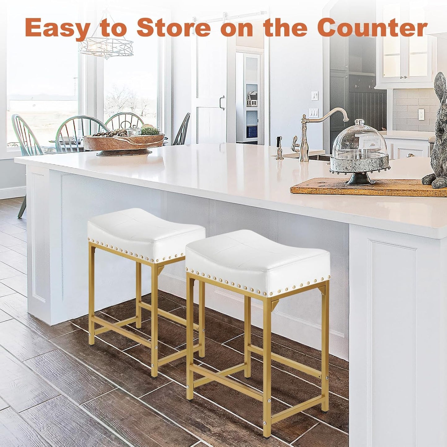Bar Stools Set of 4 Counter Height, 24" Modern Off White & Gold Counter Stools Set of 4, Stools for Kitchen Counter, Modern Barstools Saddle Stool Backless Island(Off White+Gold)