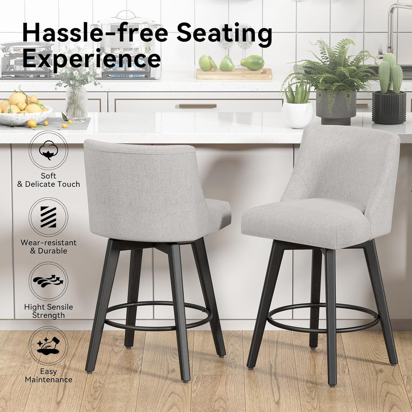 Counter Height Swivel Bar Stools Set of 3, 26 Inch Bar Stools with Footrest, Linen Fabric Upholstered Barstools with Back and Solid Wood Legs for Kitchen Island, Dining Room,Pub,Light Grey