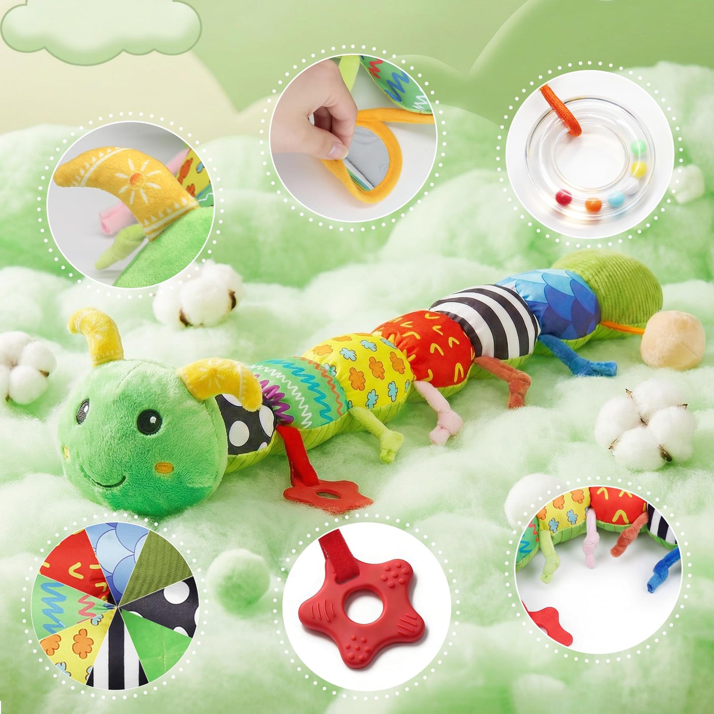 Baby Toys 0-6 Month Musical Caterpillar Toy for Infant 0-3 3-12 Months,Mirror Crinkle Rattle Tummy Time Sensory Toys Newborn Boys&Girls Stuffed Plush Gifts,Car Seat Toys for Outings