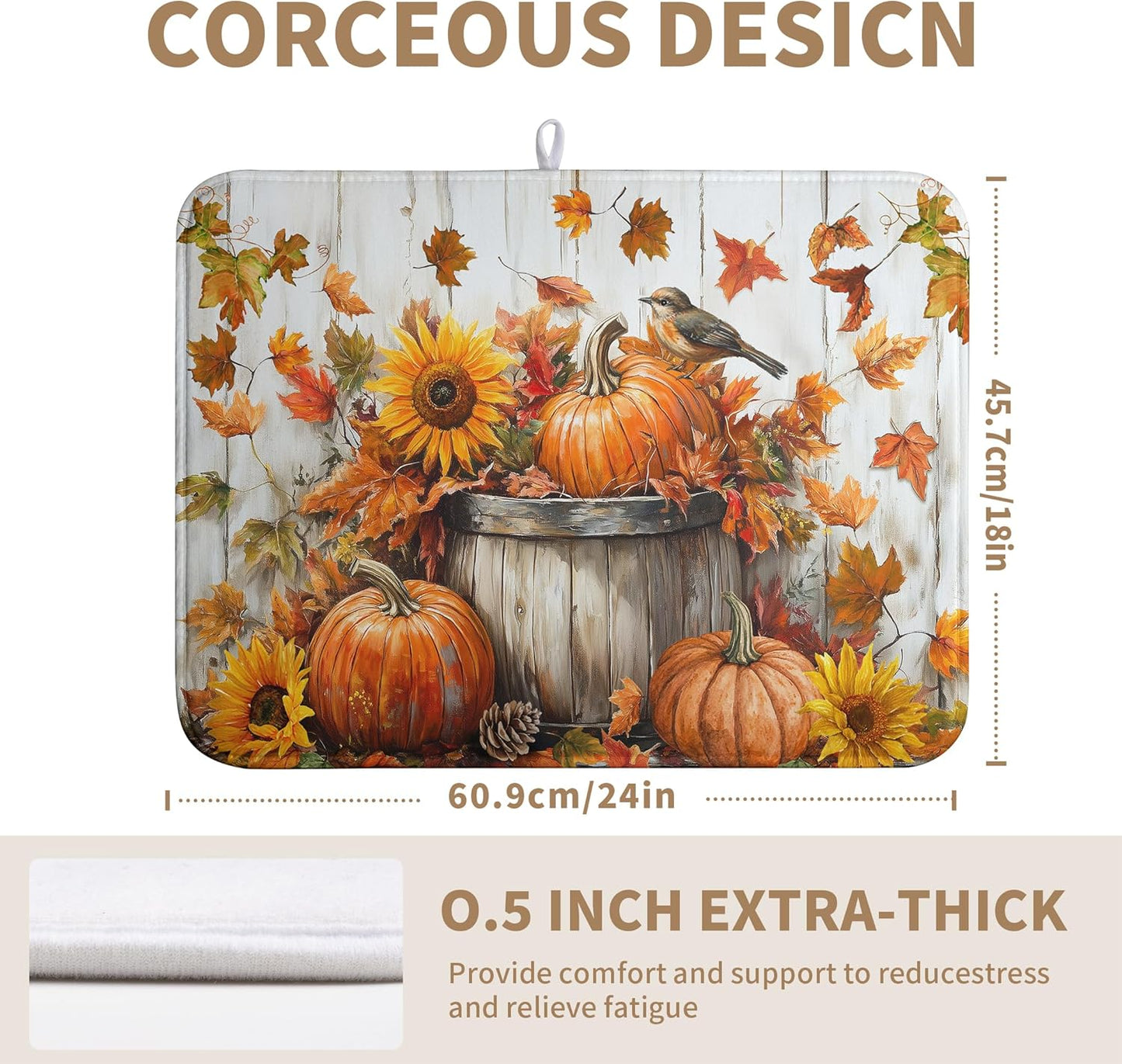 Fall Dish Drying Mat for Kitchen Counter Pumpkin Sunflower Maple Leaf Birds Drying Mats Autumn Thanksgiving Harvest Dish Drainer Mat Absorbent Microfiber Dishes Pad Large 18x24 Inch