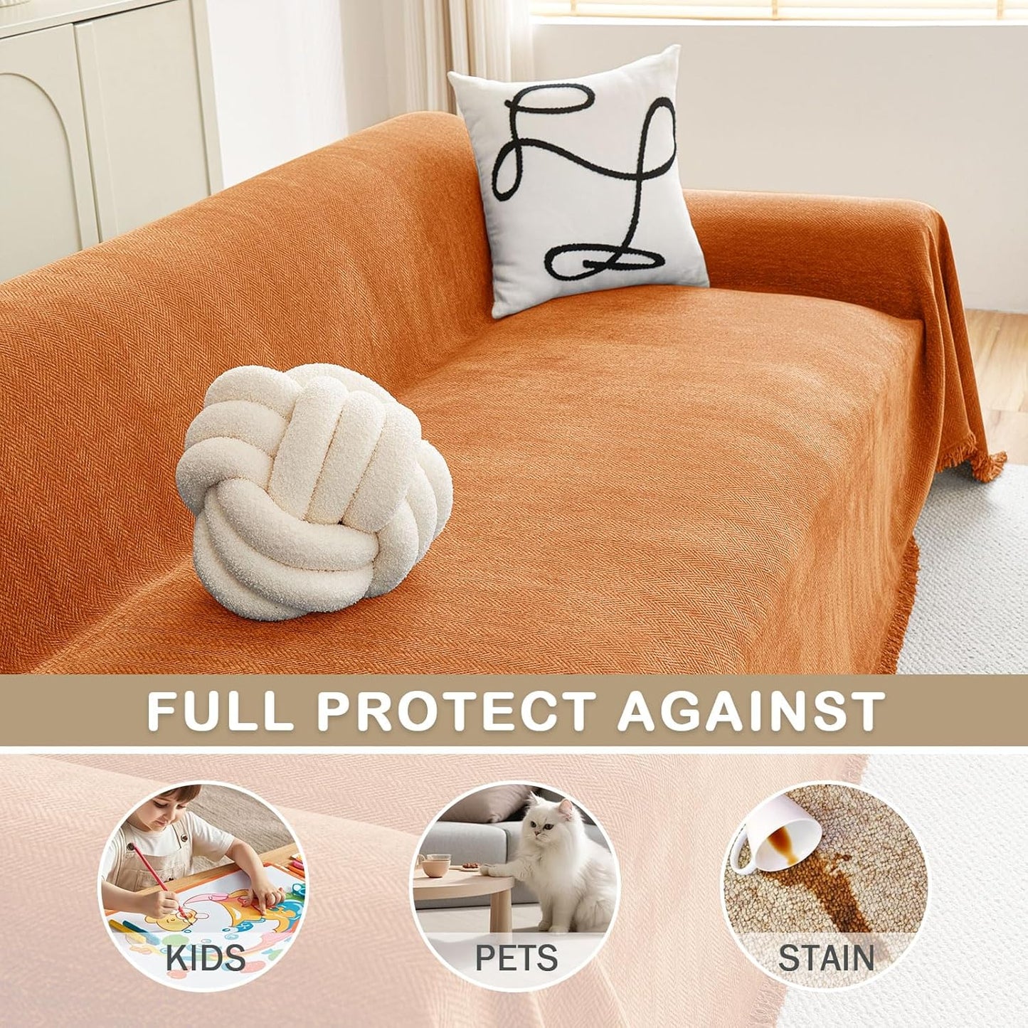 hyha Couch Cover for Dogs, Boho Sofa Covers for 3 Cushion Couch Washable, Chenille Sofa Slipcover for Pets, Soft Loveseat Sectional Couch Throw Blankets with Tassels (Orange, 71x118 Inch)